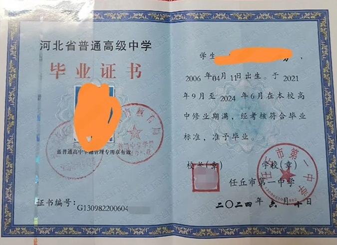 濠江任丘市第一中学高中毕业证样本图片
